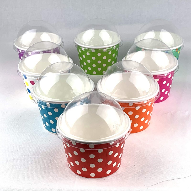 Worlds Paper Ice Cream Cups With Dome Lids No Hole And Plastic Spoons,Polka Dot 8oz Mix 25 Set - Image 1